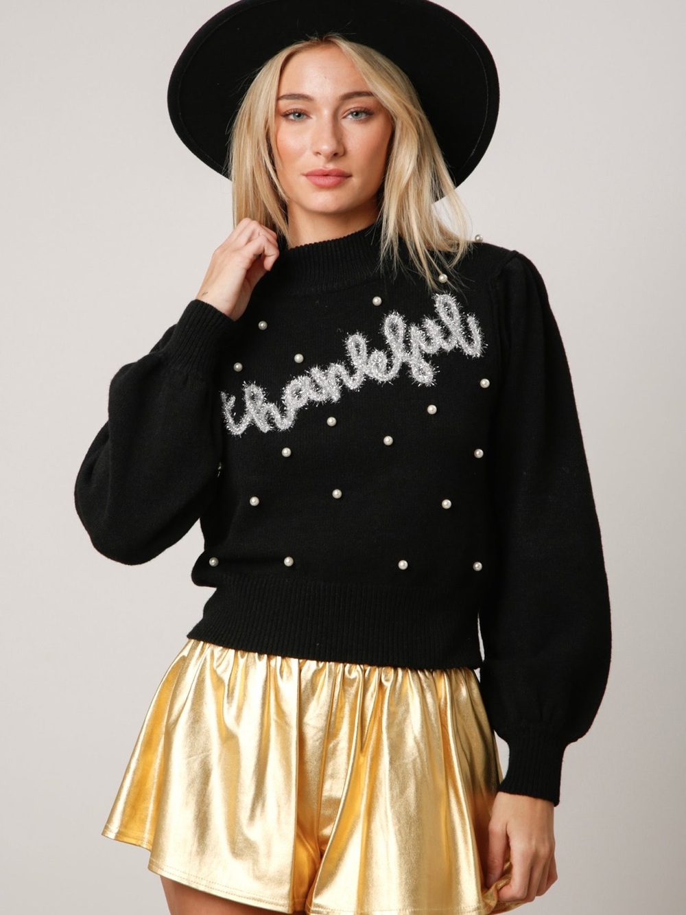 Black Pearl-Embellished 'Thankful' Sweater